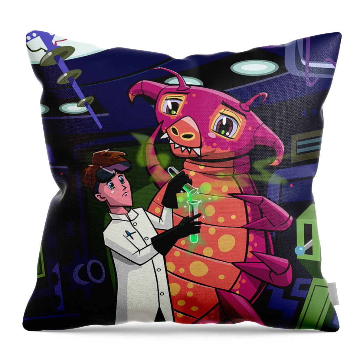 Professor Throw Pillow featuring the digital art Manga professor with nice Pink Monster Experiment by Martin Davey