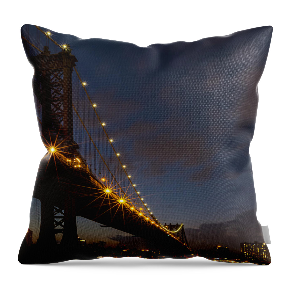 Bridges Throw Pillow featuring the photograph Manhattan Bridge at blue hour by Eduard Moldoveanu