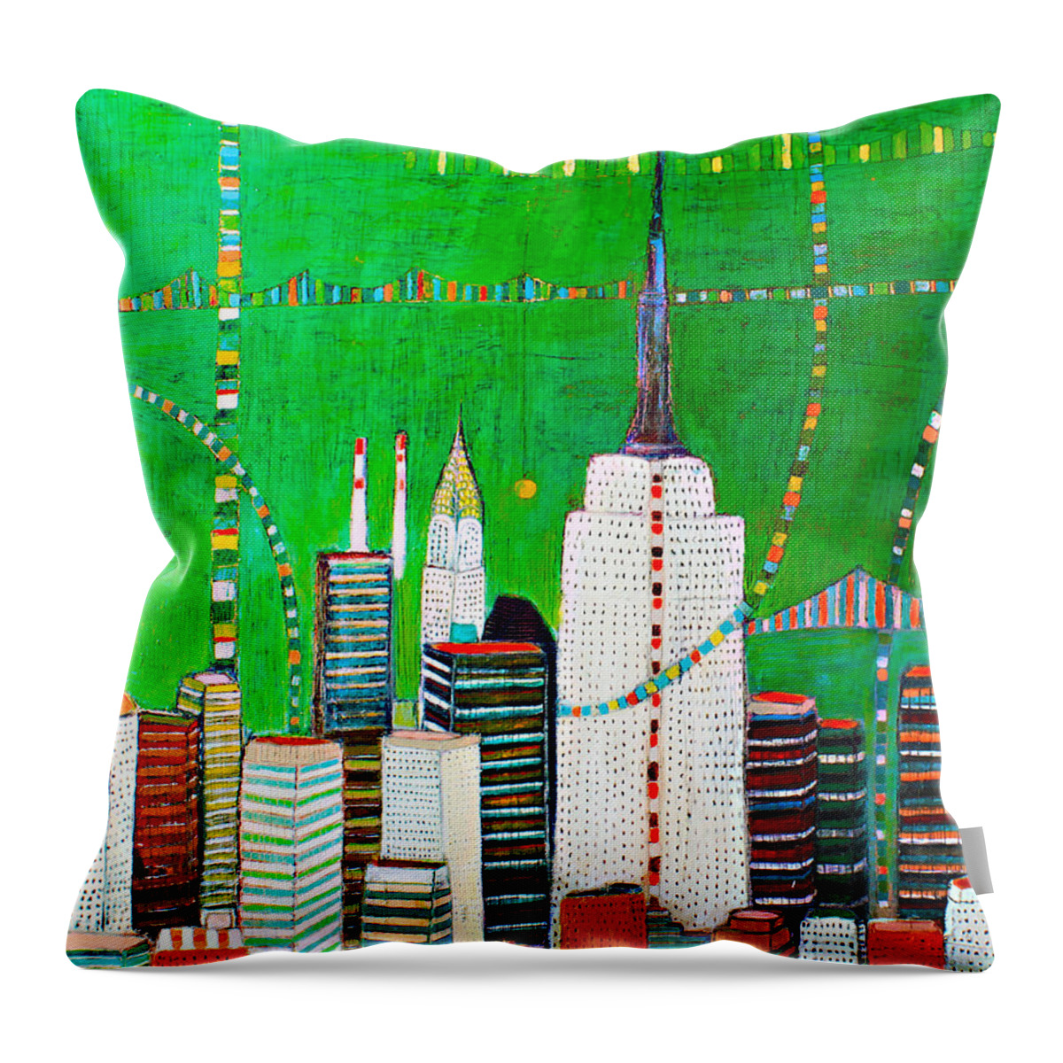 Green Skyline Painting Throw Pillow featuring the painting Manhattan with Empire and Chrysler buildings by Habib Ayat