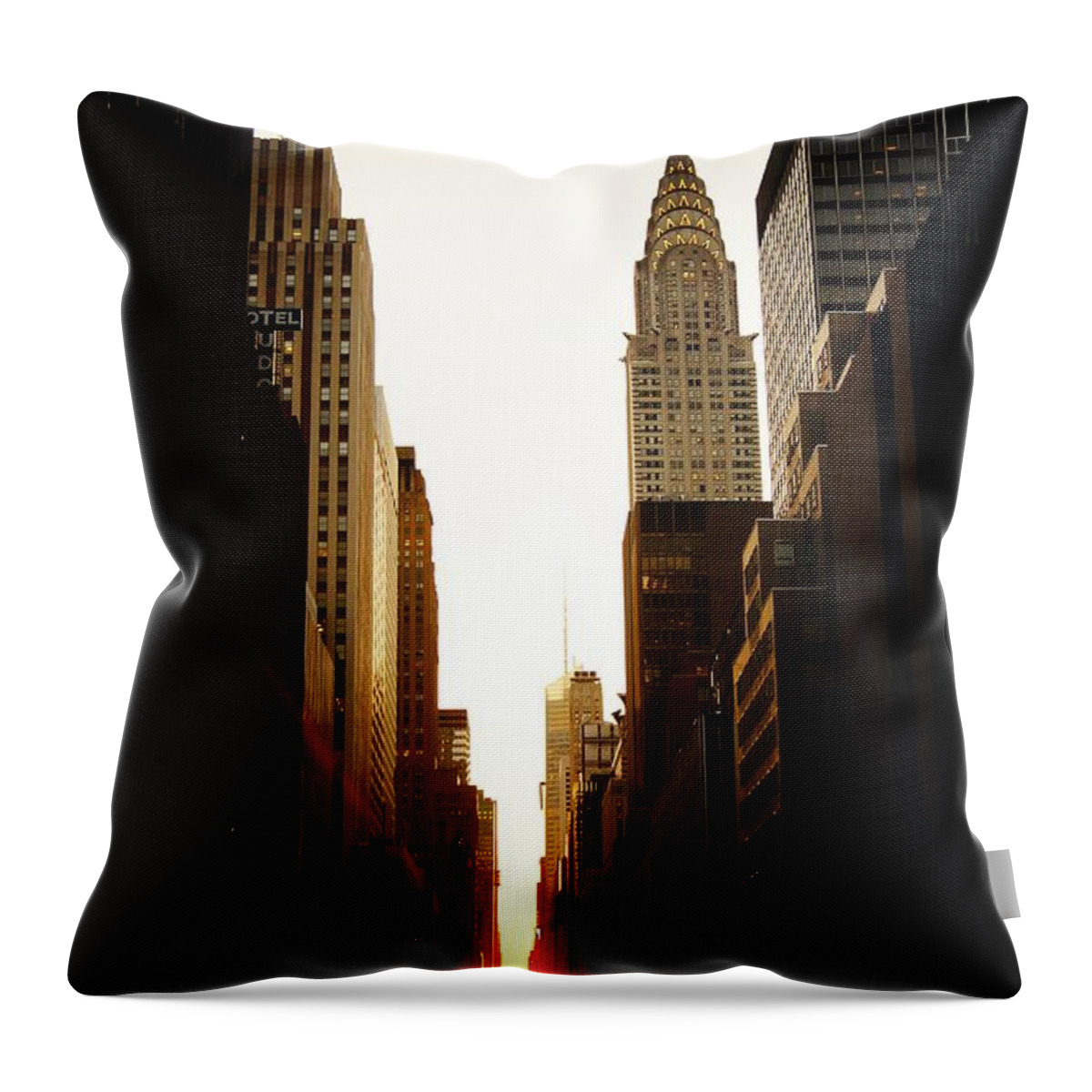 New York City Throw Pillow featuring the photograph Manhattanhenge Sunset and the Chrysler Building by Vivienne Gucwa