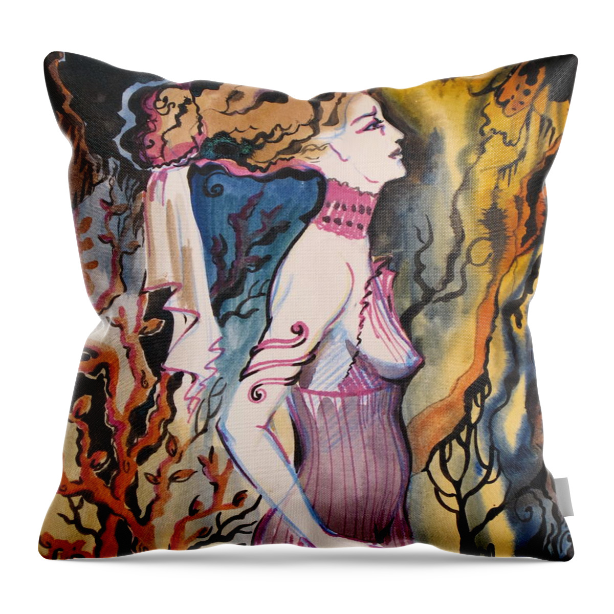 Woman Throw Pillow featuring the painting Many centuries ago by Valentina Plishchina