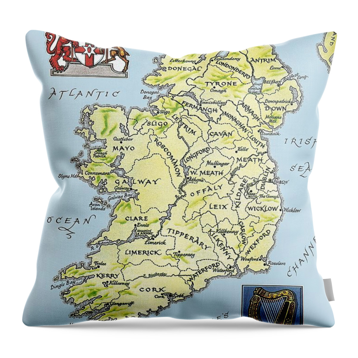 Coat Of Arms; Irish Throw Pillow featuring the painting Map of Ireland by English School