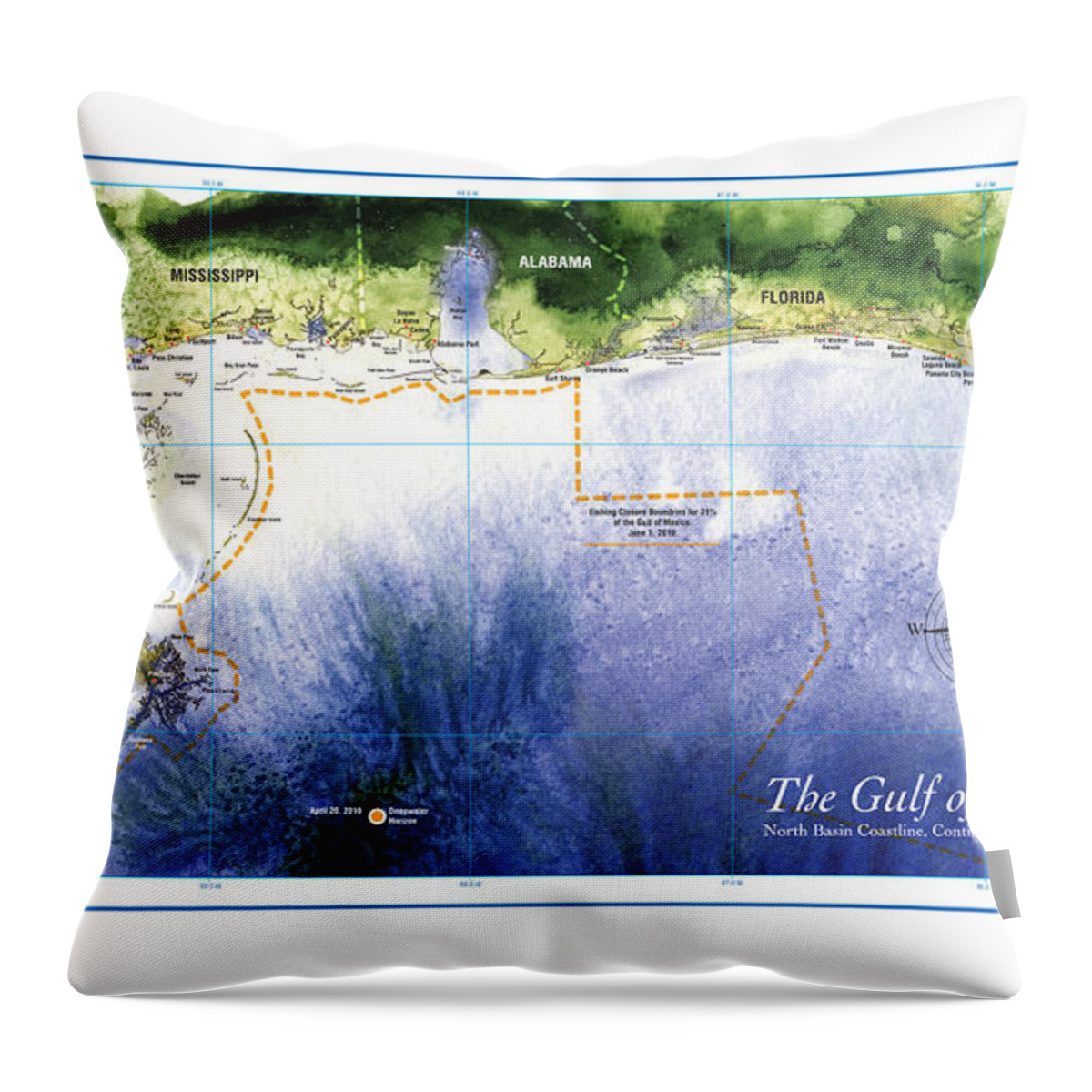 Cartography Throw Pillow featuring the digital art Map of the Gulf of Mexico Northern Coast by Paul Gaj