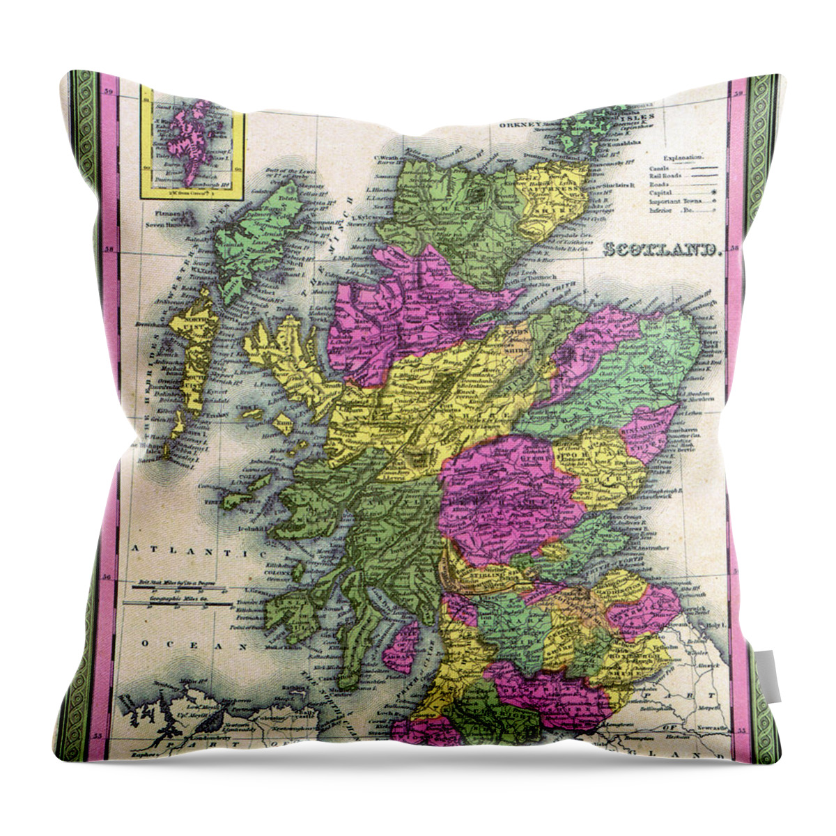 1849 Throw Pillow featuring the painting Map Scotland, 1849 by Granger