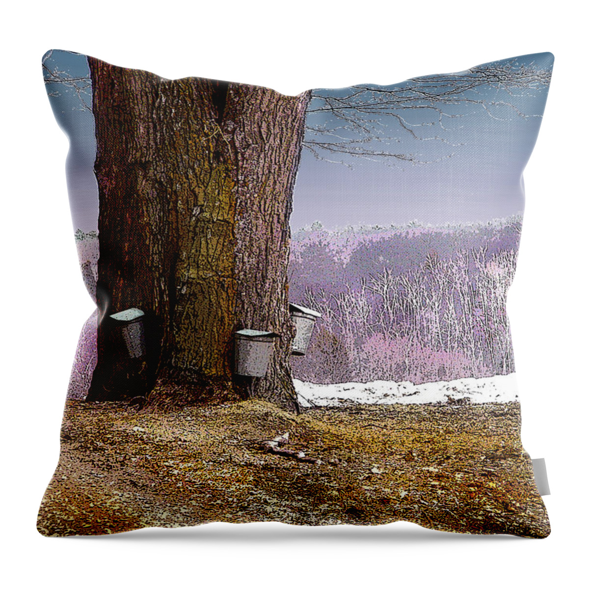 Landscape Throw Pillow featuring the digital art Maple Buckets by Nancy Griswold