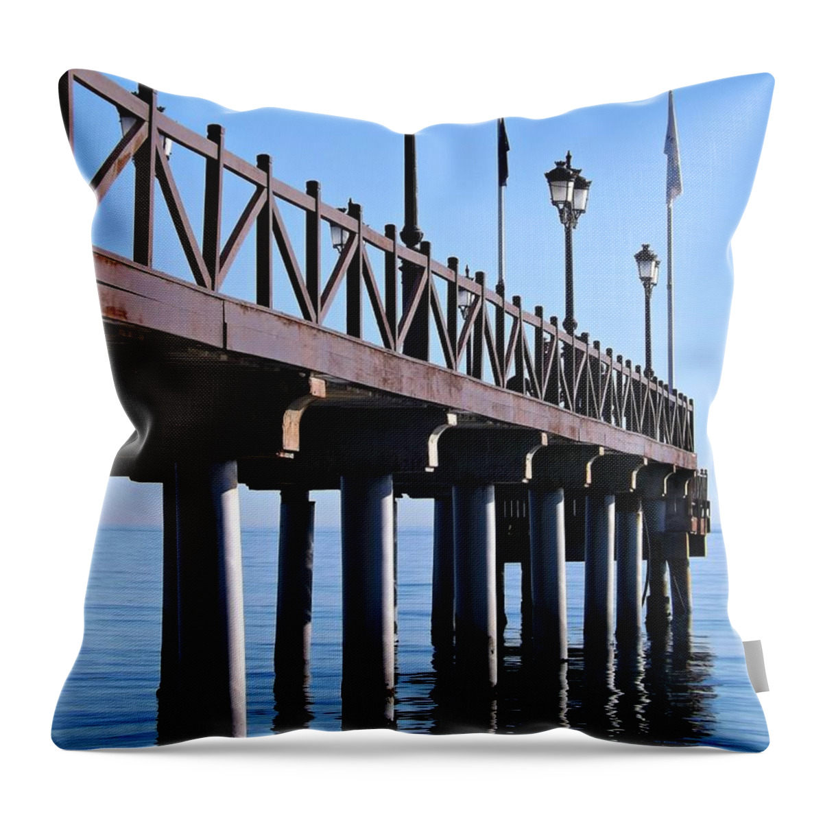 Pier Throw Pillow featuring the photograph Marbella Pier Spain by Clare Bevan