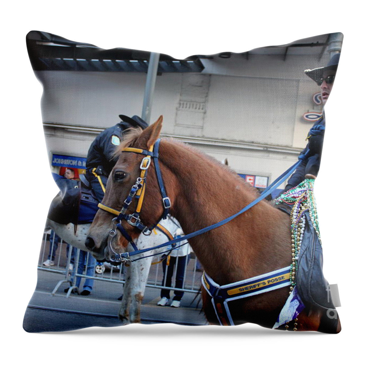 Mardi Gras Throw Pillow featuring the photograph Mardi Gras Cowboy on Horseback by Bev Conover