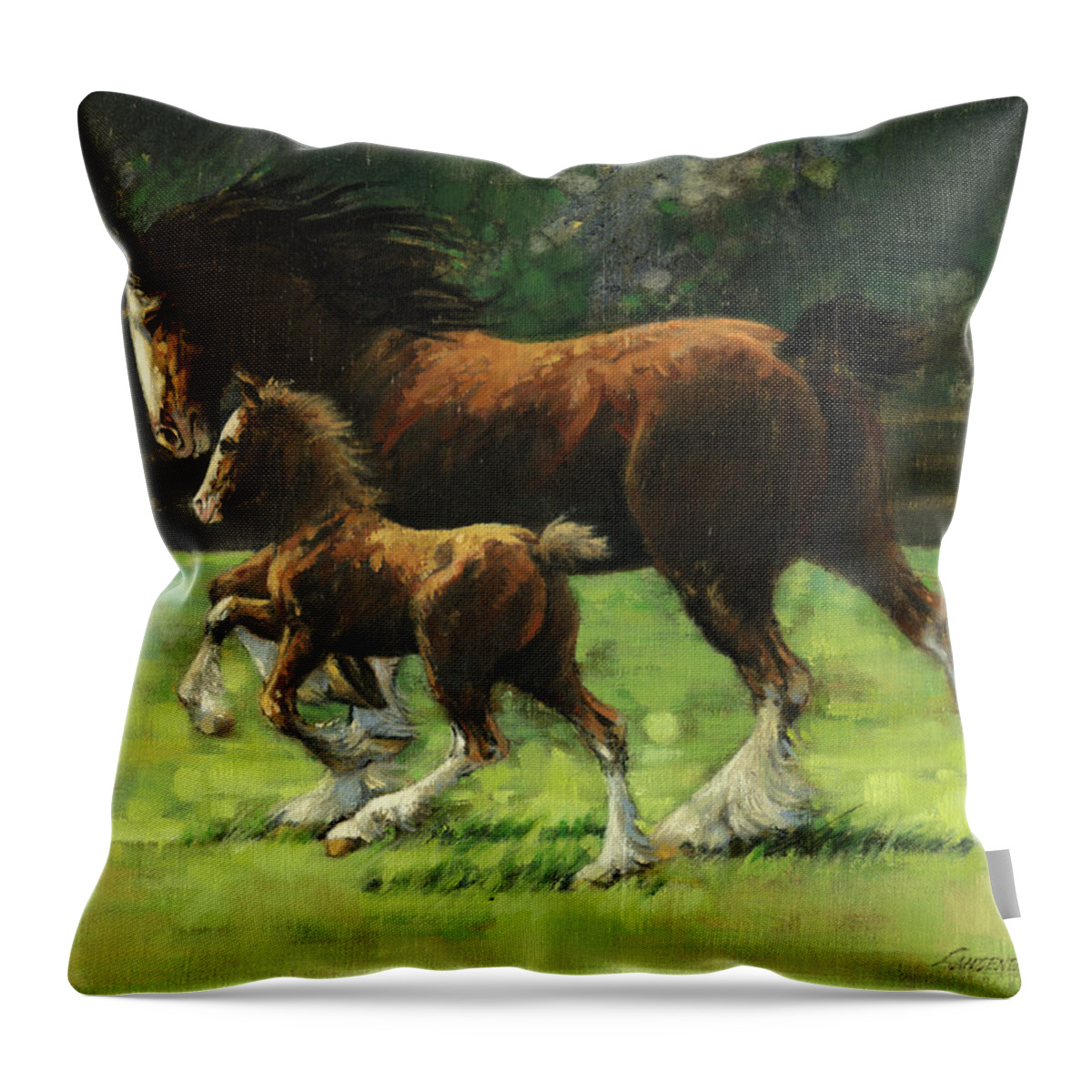 Clydesdale Throw Pillow featuring the painting Clydesdale Mare and Colt by Don Langeneckert