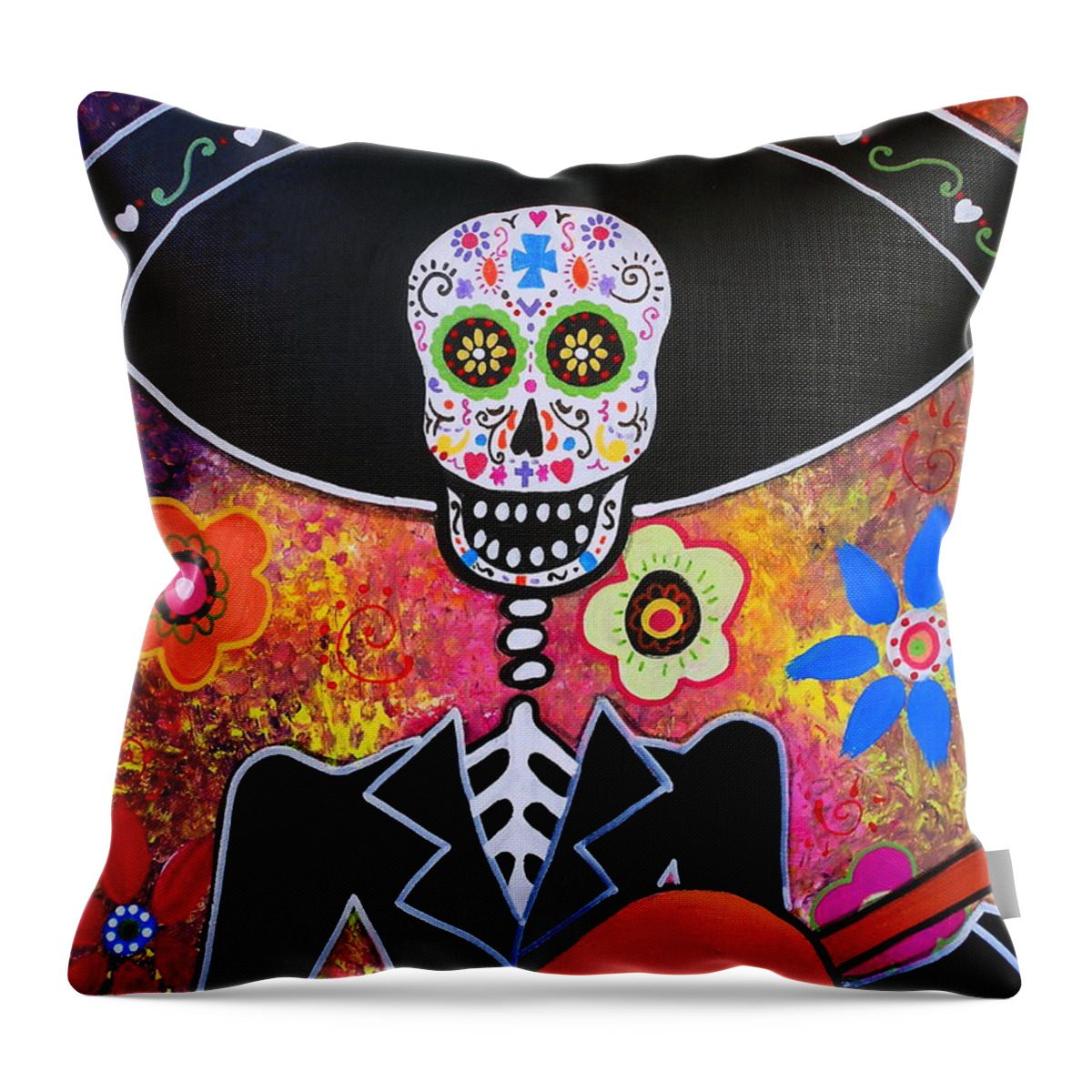 Mariachi Throw Pillow featuring the painting Mariachi Serenata Day Of The Dead by Pristine Cartera Turkus