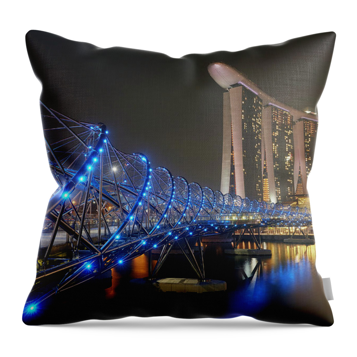 Tranquility Throw Pillow featuring the photograph Marina Bay Sands And Helix Bridge At by Allan Baxter