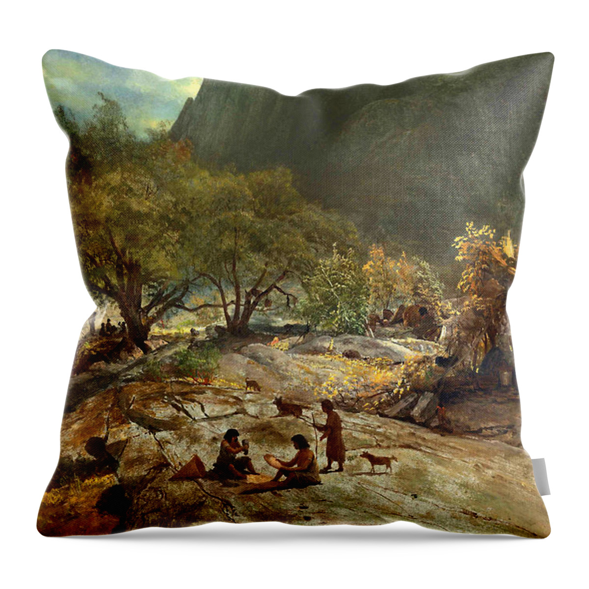 Albert Bierstadt Throw Pillow featuring the painting Mariposa Indian Encampment Yosemite Valley California by Albert Bierstadt