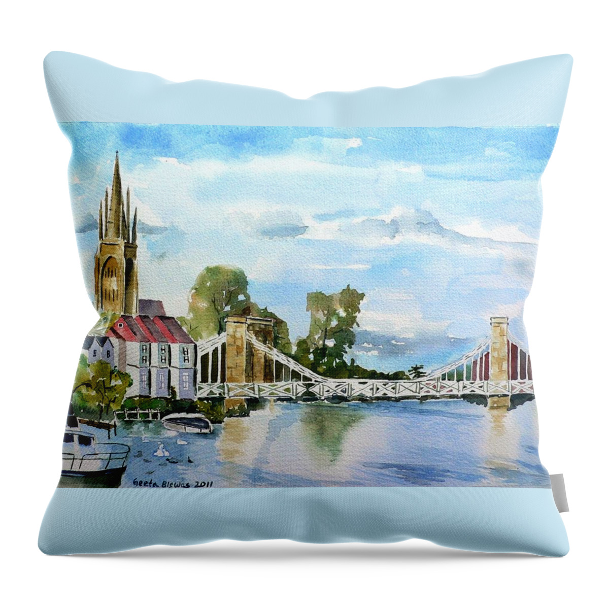 Marlow Throw Pillow featuring the painting Marlow on Thames 2 by Geeta Yerra