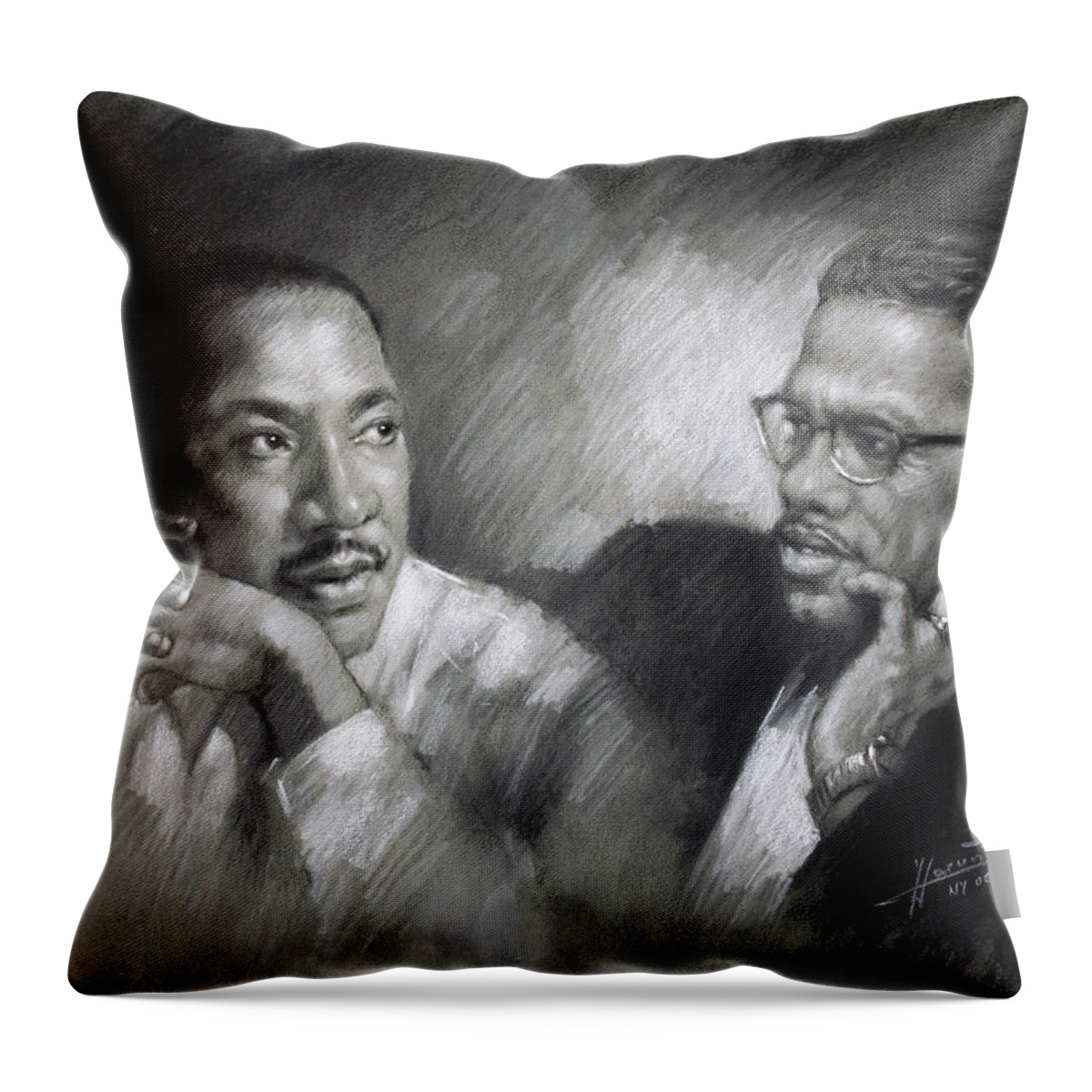 Malcolm X Throw Pillow featuring the drawing Martin Luther King Jr and Malcolm X by Ylli Haruni