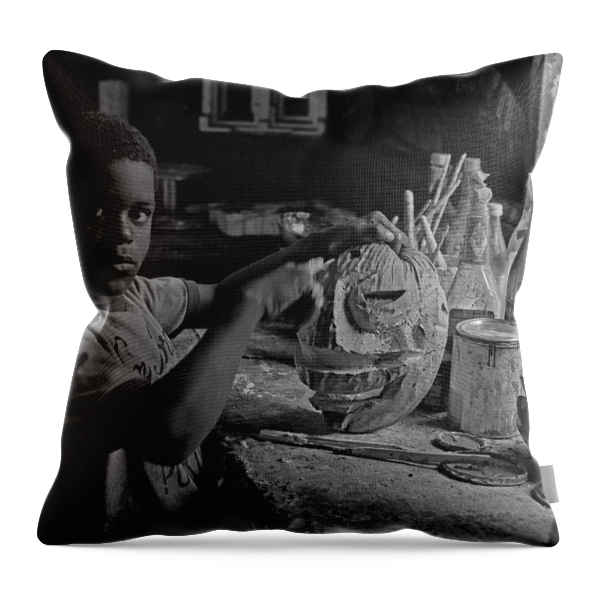 Black And White Throw Pillow featuring the photograph Mask Maker by Guillermo Rodriguez