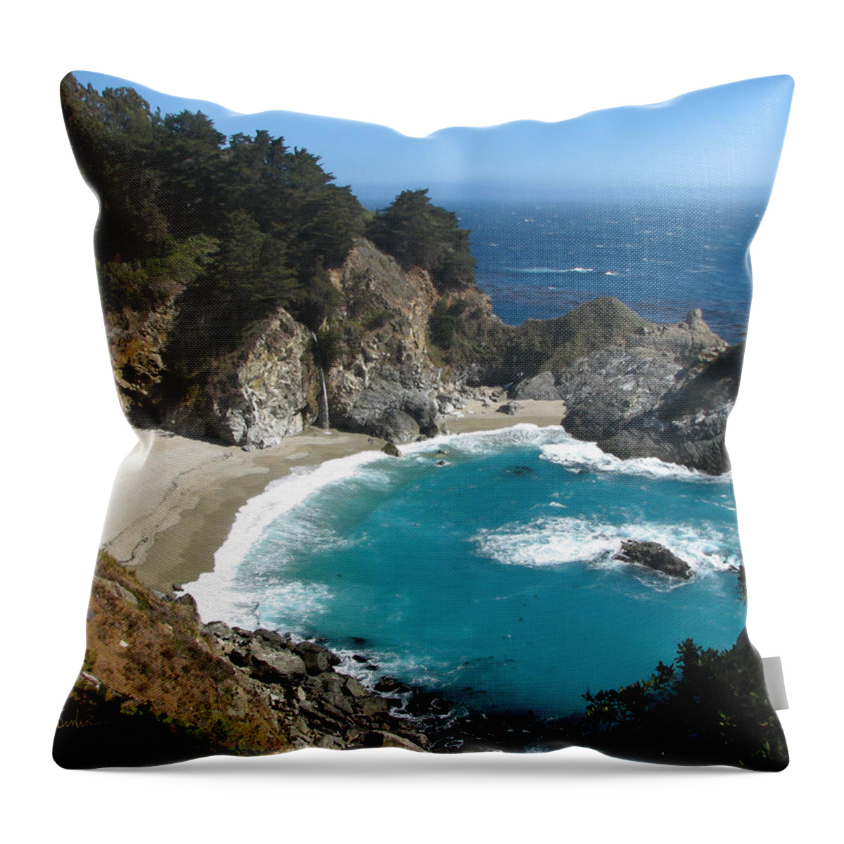Ocean Throw Pillow featuring the photograph Mc Way Waterfall Big Sur State Park by Liz Tomlinson
