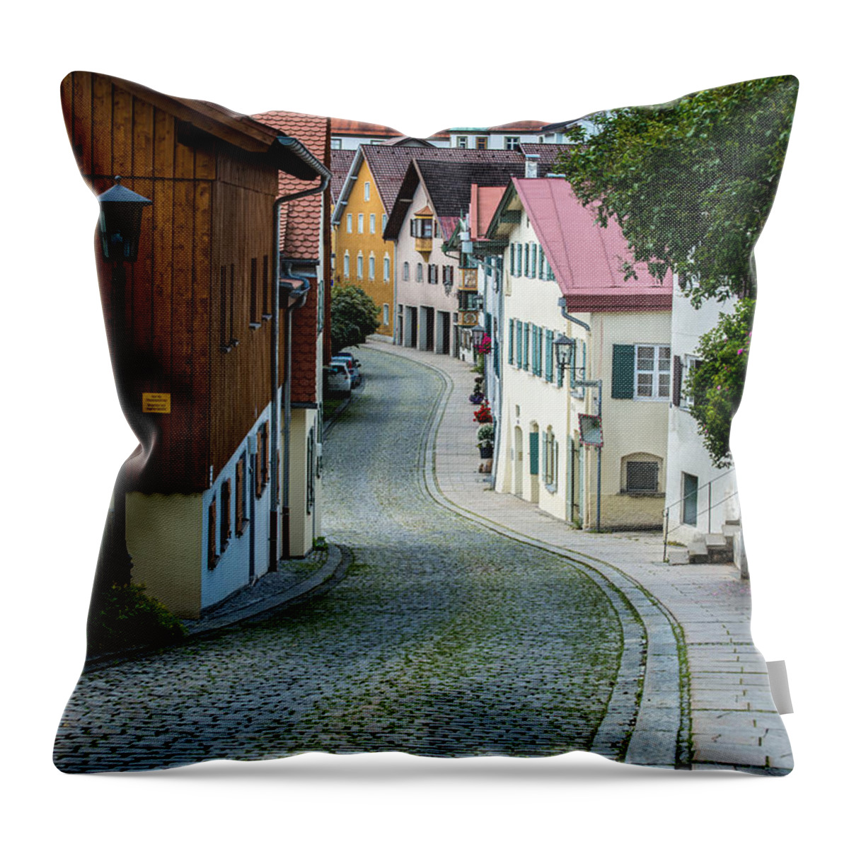 Medieval Throw Pillow featuring the photograph Medieval Cobblestone Street - Fussen - Germany by Gary Whitton