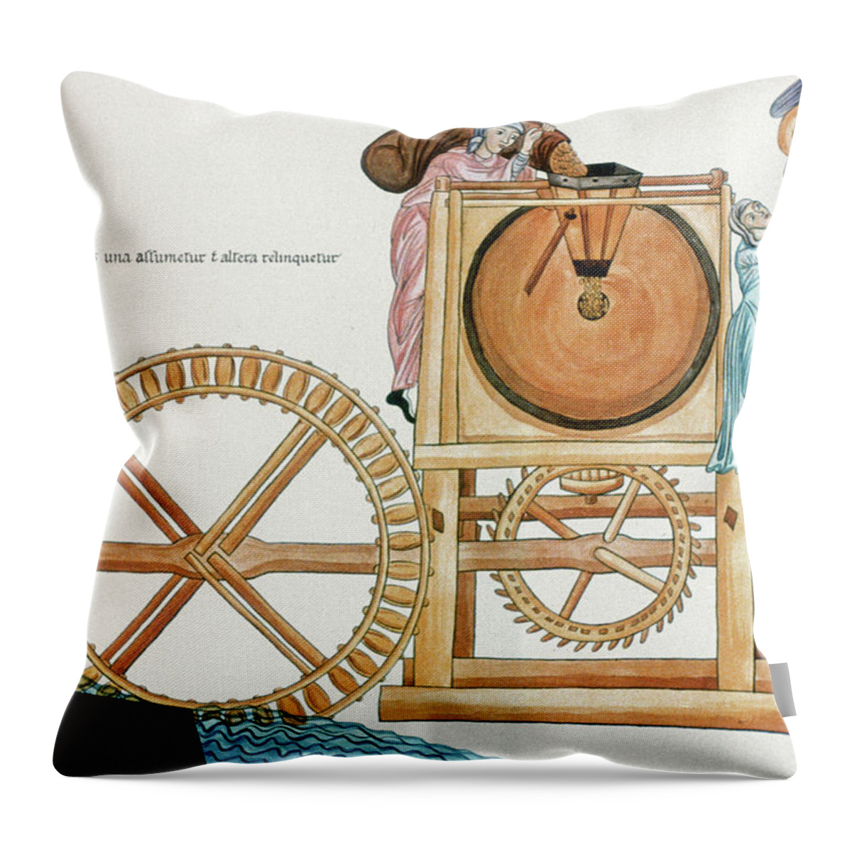 12th Century Throw Pillow featuring the drawing Medieval Water Mill by Granger