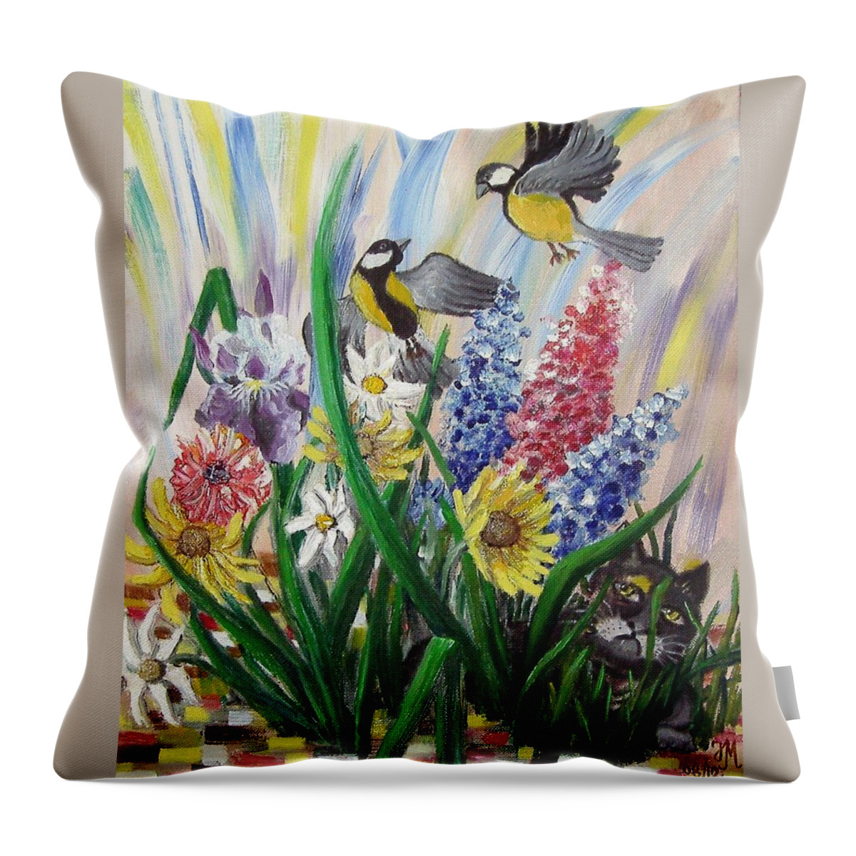 Nature Throw Pillow featuring the painting Meeting in the garden by Nina Mitkova