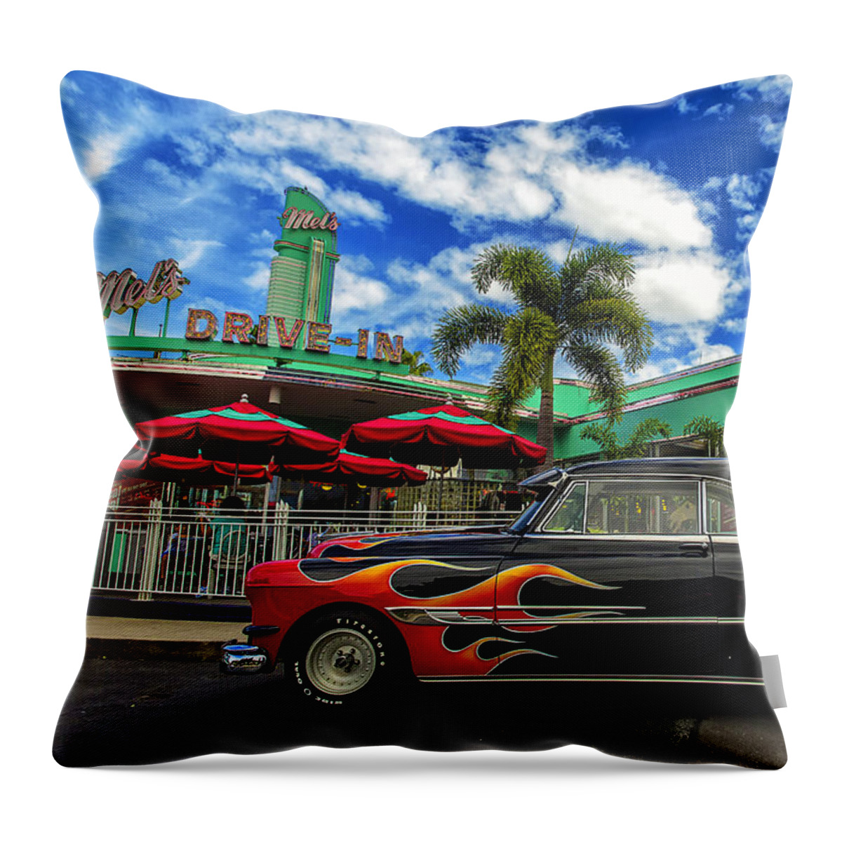 Universal Studios Throw Pillow featuring the photograph Mel's Drive In by Bill and Linda Tiepelman