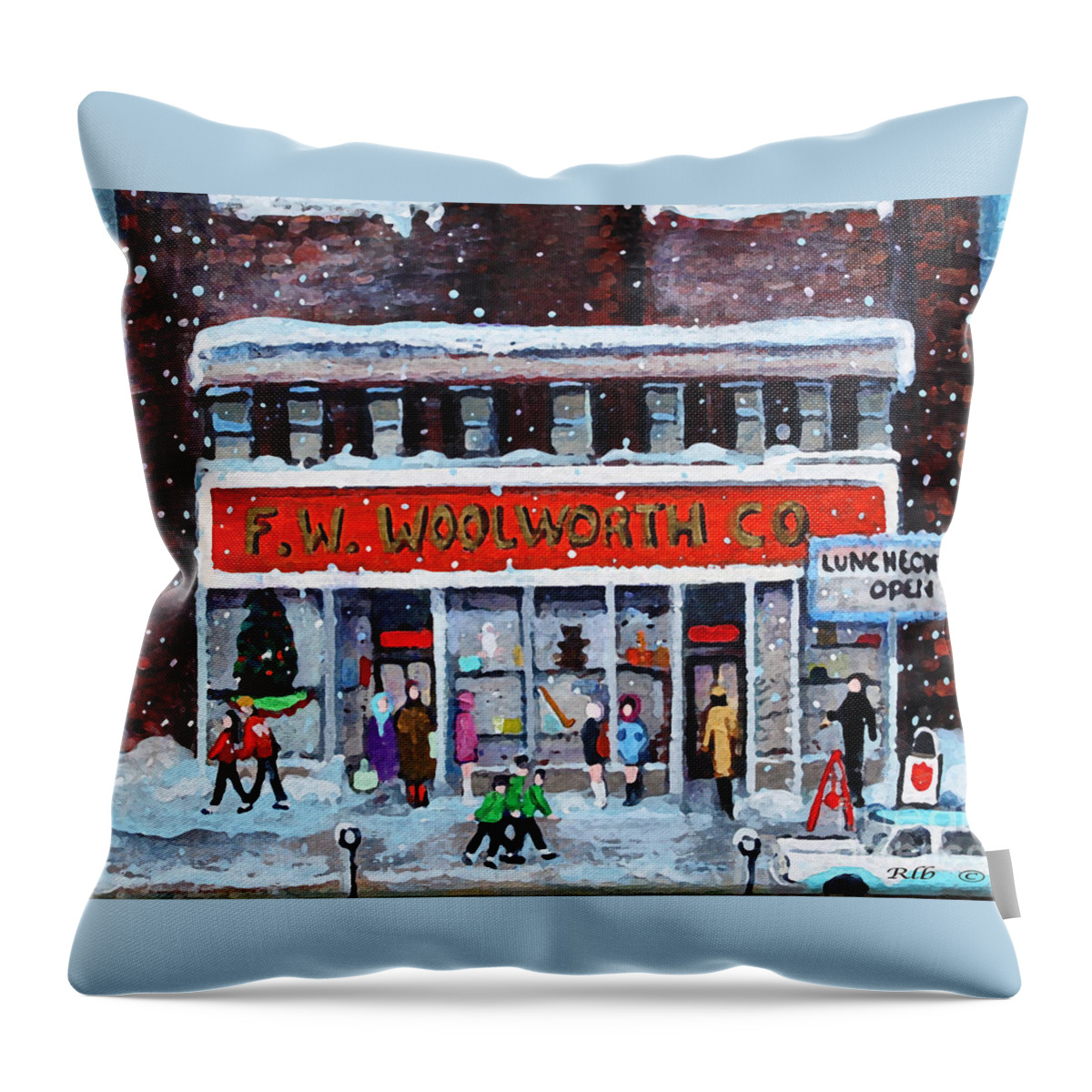 Landscape Throw Pillow featuring the painting Memories of Winter at Woolworth's by Rita Brown