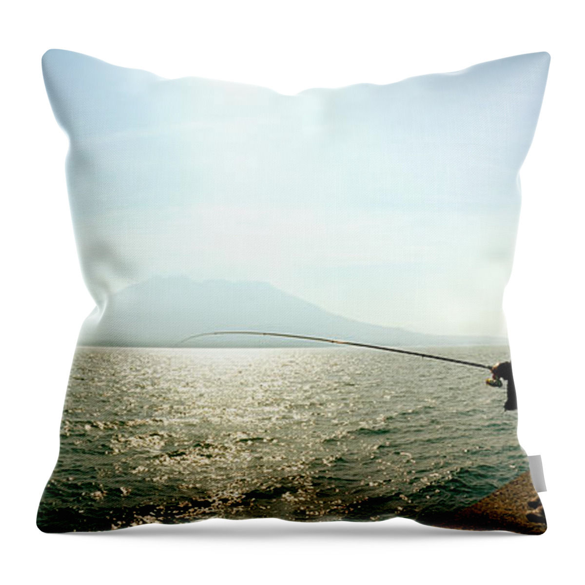 Photography Throw Pillow featuring the photograph Men Fishing In Sakurajima Island by Panoramic Images