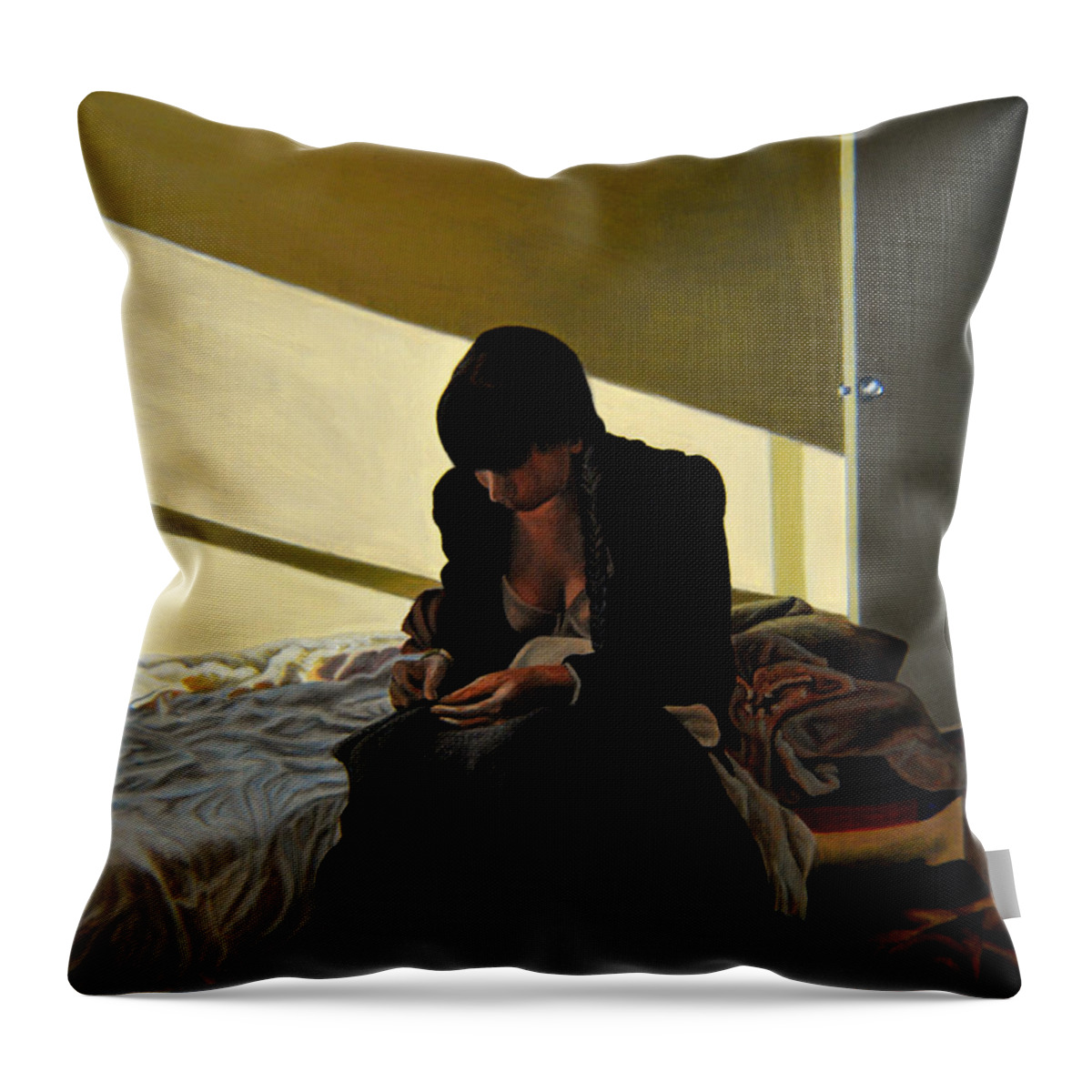 Woman Throw Pillow featuring the painting Mending by Thu Nguyen