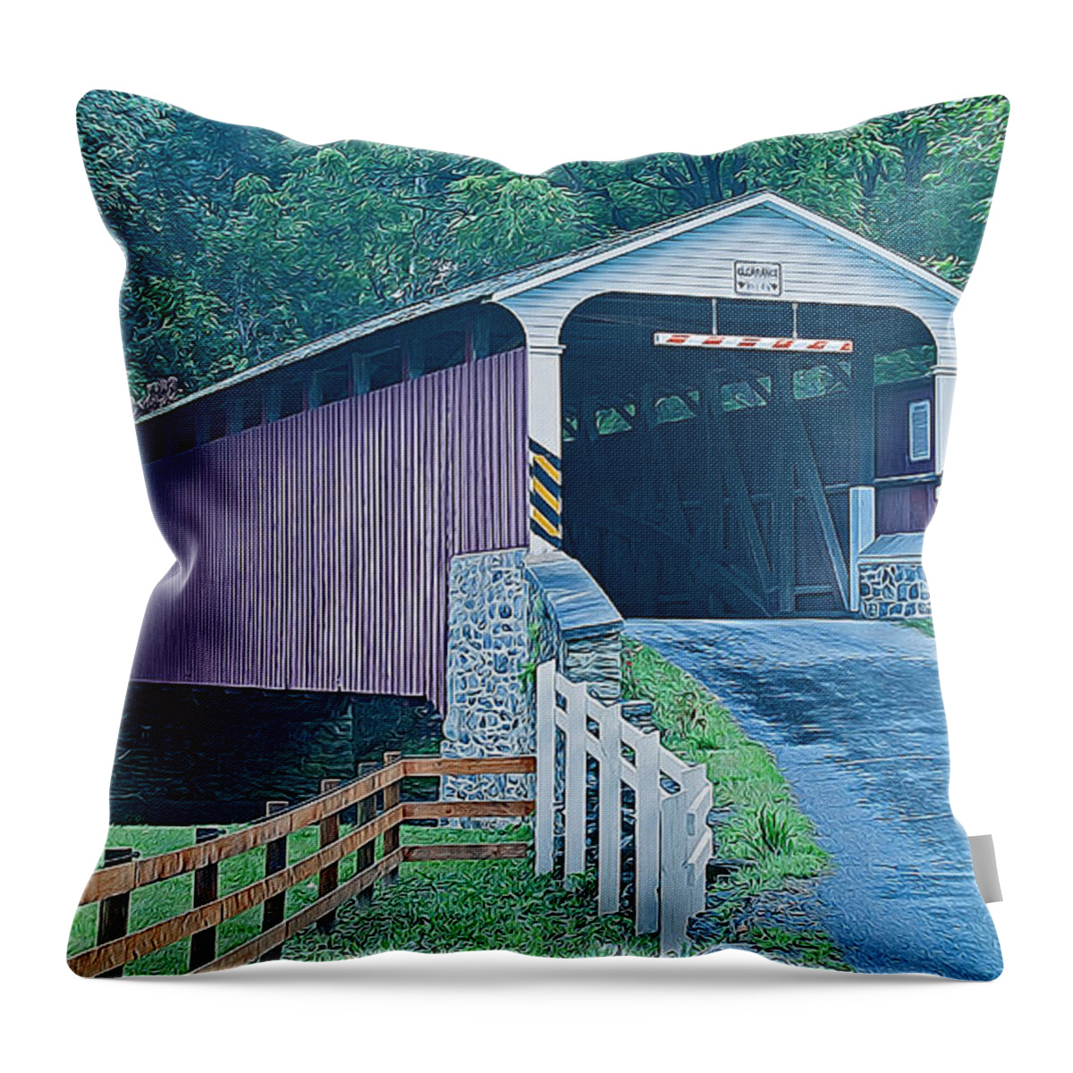 Mercer's Mill Throw Pillow featuring the photograph Mercer's Mill Covered Bridge by Michael Porchik
