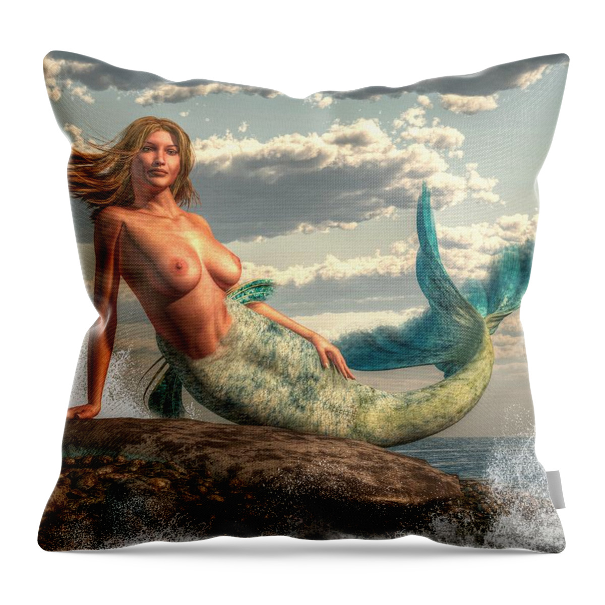 Mermaid Throw Pillow featuring the painting Mermaid on the Rocks by Kaylee Mason