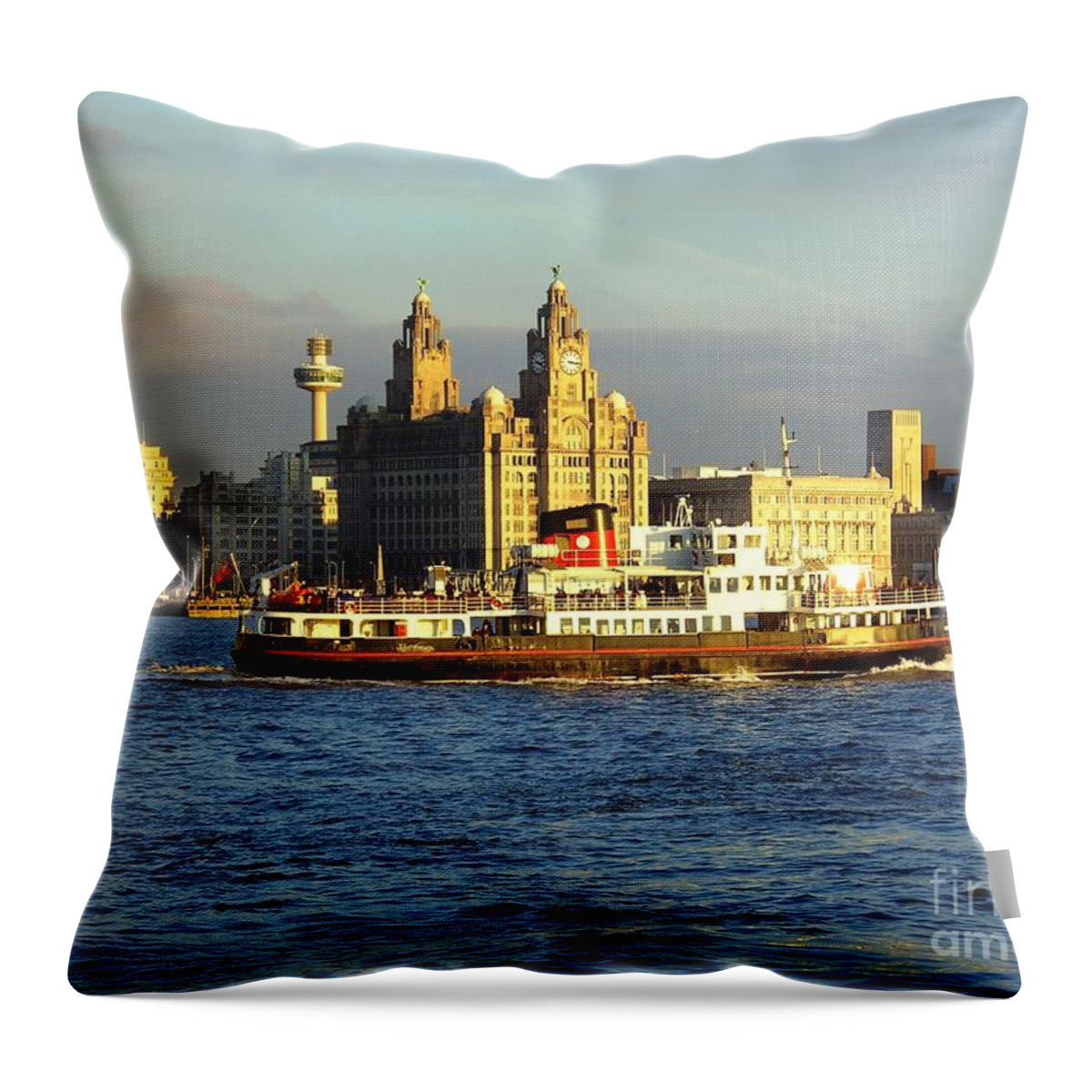 Beatles Throw Pillow featuring the photograph Mersey Ferry and Liverpool Waterfront by Steve Kearns