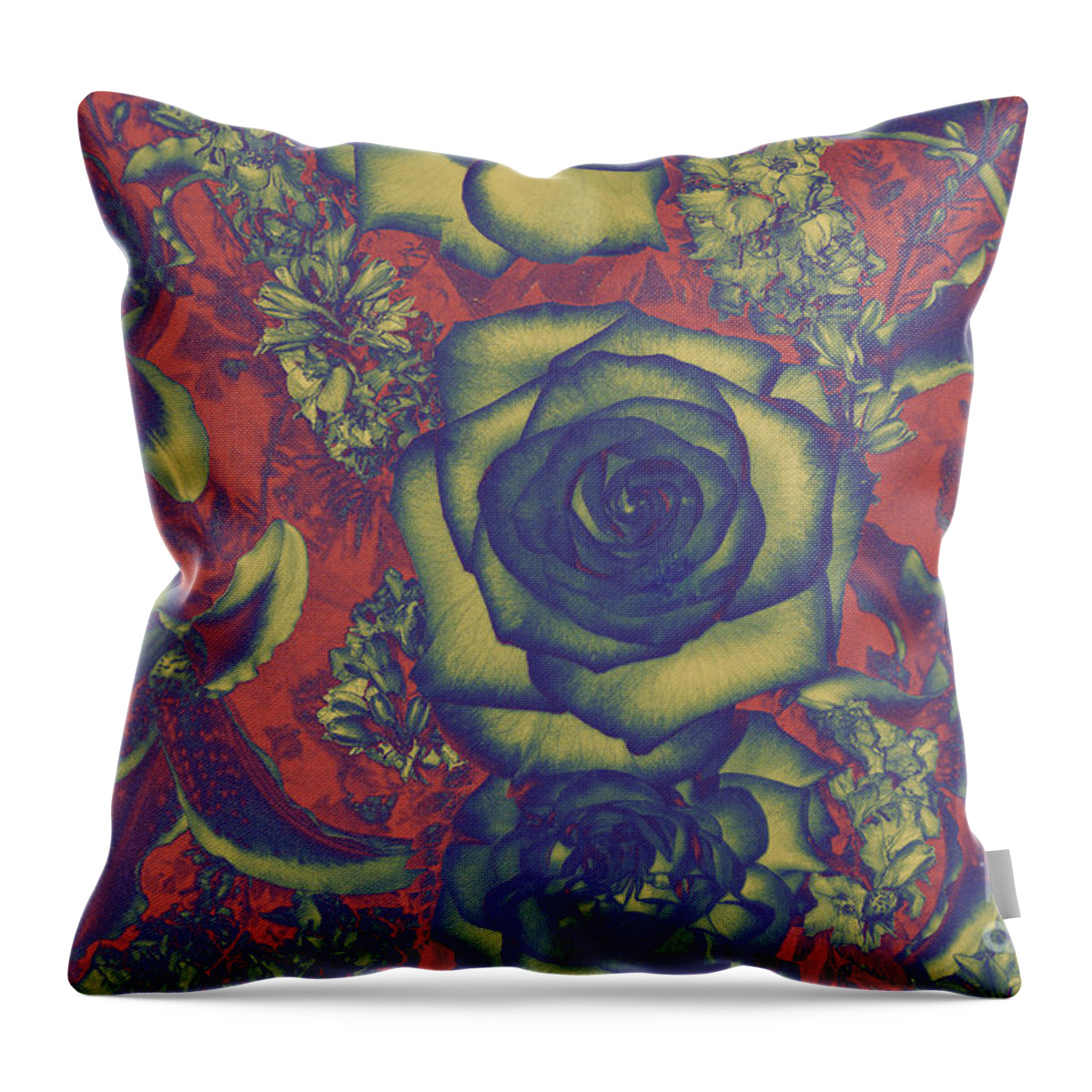 Abstract Landscape Photograph Of Roses And Other Flowers Throw Pillow featuring the photograph Metalic Rose by Mae Wertz