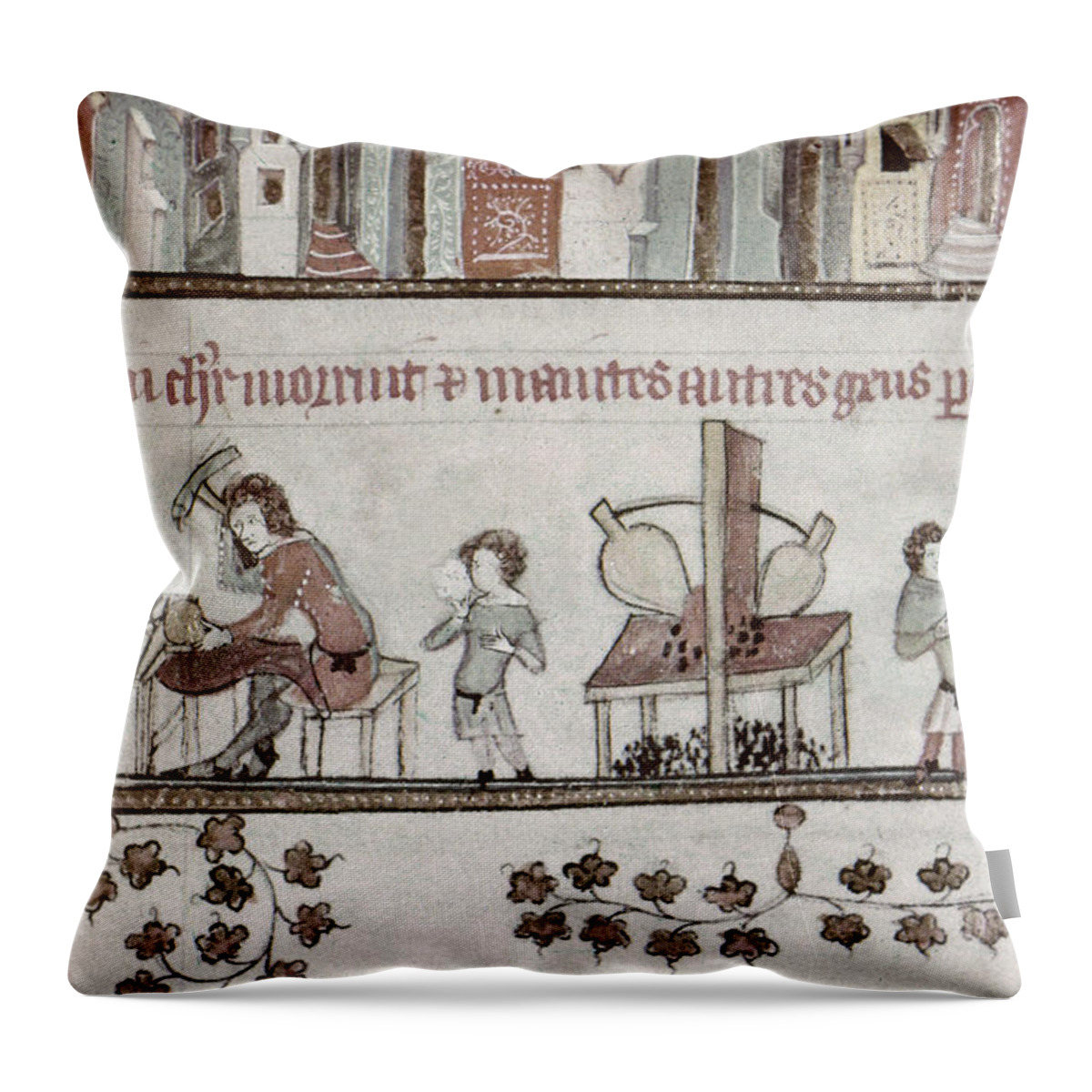 1340 Throw Pillow featuring the painting Metalworkers, 14th Century by Granger