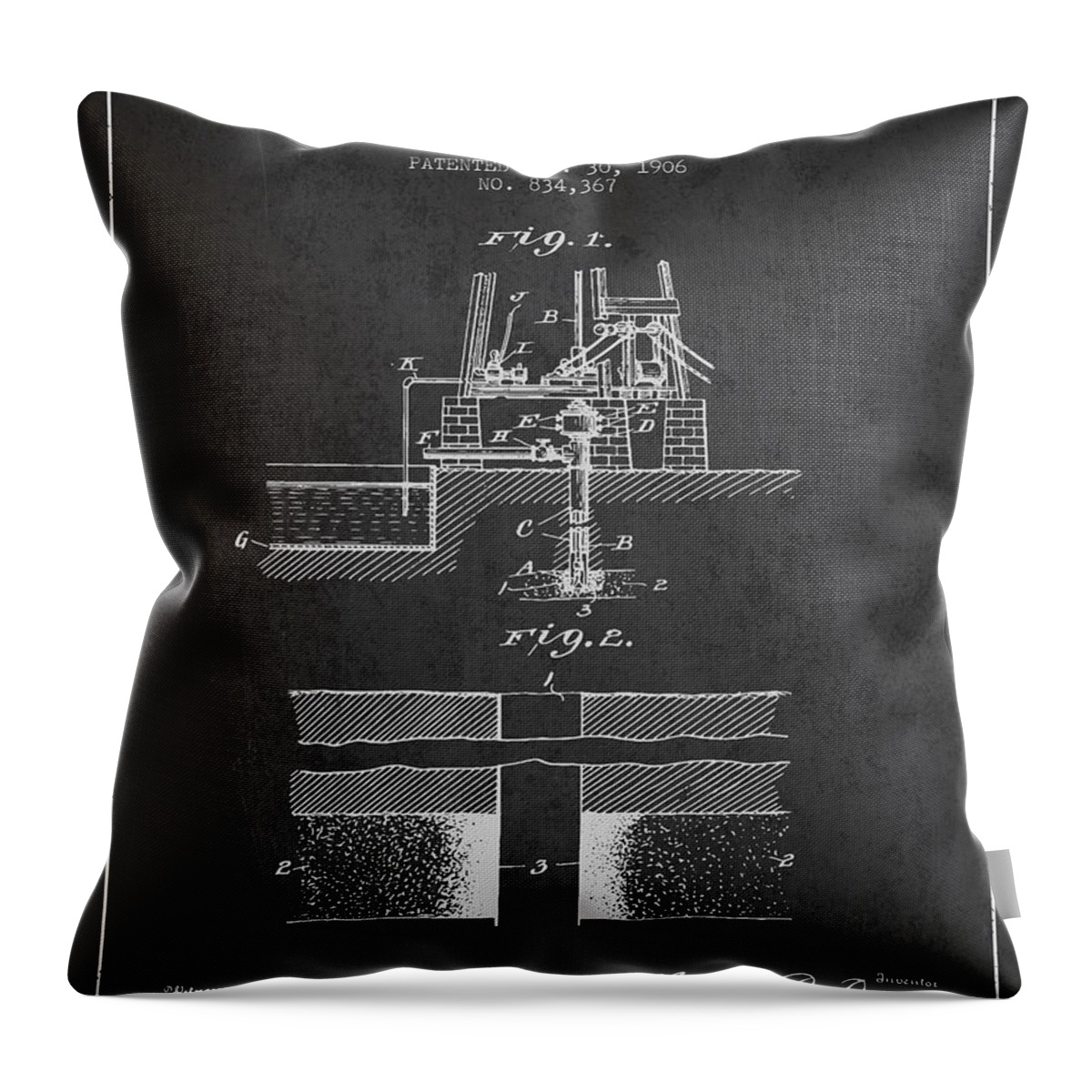 Oil Throw Pillow featuring the digital art Method of drilling wells Patent from 1906 - Dark by Aged Pixel