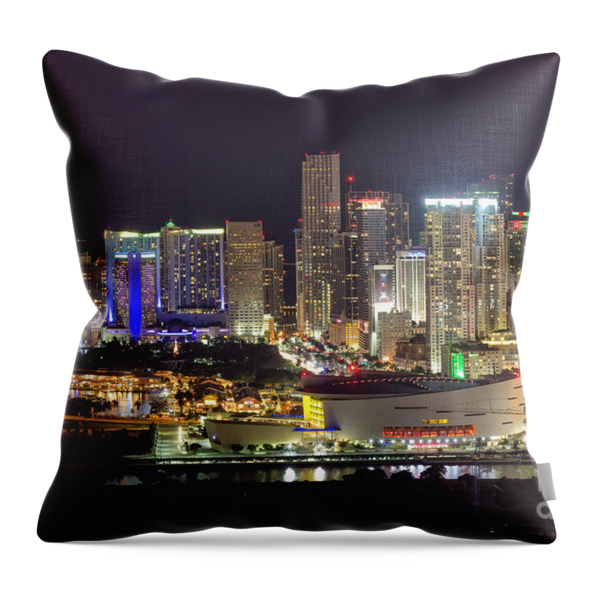 Architecture Throw Pillow featuring the photograph Miami Downtown Skyline American Airlines Arena by Rene Triay FineArt Photos