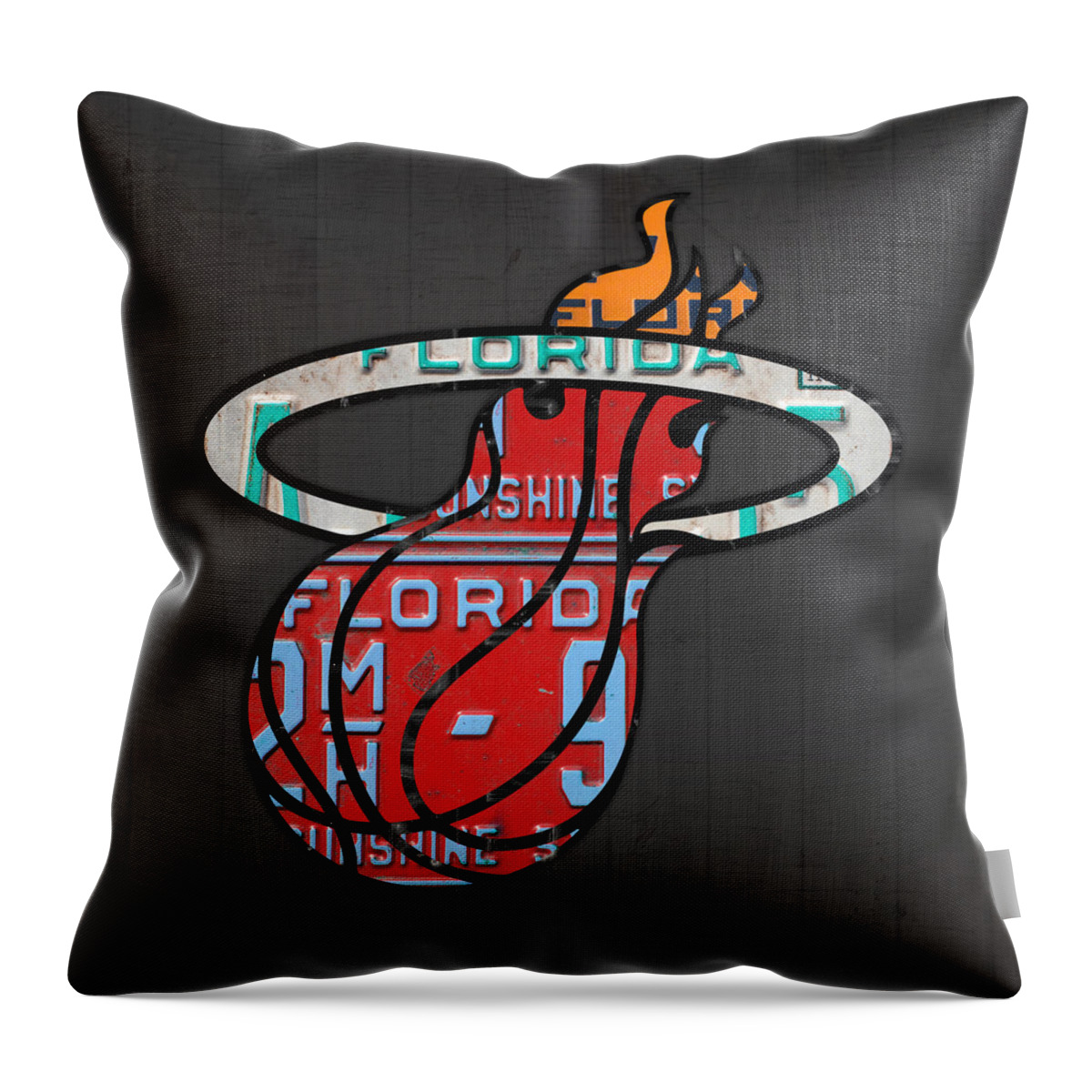 Miami Throw Pillow featuring the mixed media Miami Heat Basketball Team Retro Logo Vintage Recycled Florida License Plate Art by Design Turnpike