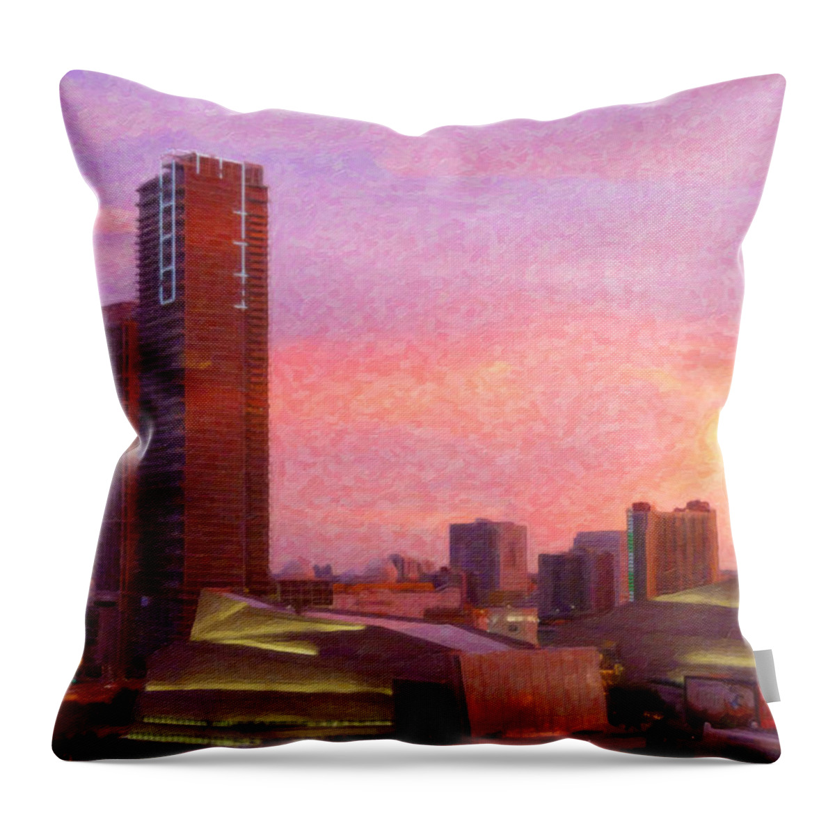 Miami; Fine Art; Florida; Twilight; Cityscape; City; Landscapes; Landscape; Dean; Dean Wittle; Wittle; Dusk; Throw Pillow featuring the painting Miami Skyline at Dusk by Dean Wittle