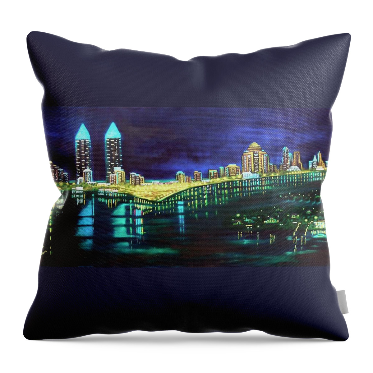 Miami Throw Pillow featuring the painting Miami Skyline of Lights by Douglas Ann Slusher