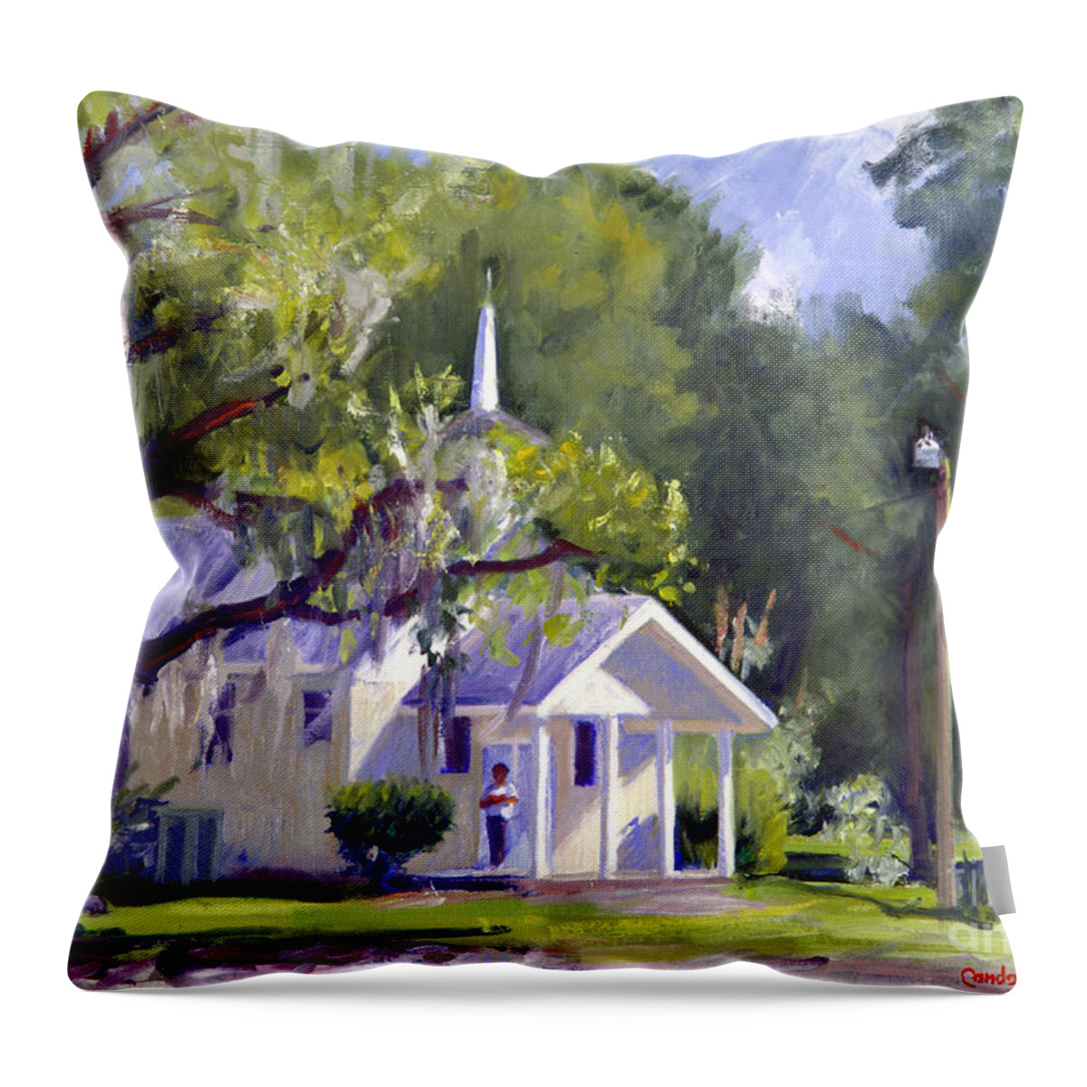  Blue Sky Throw Pillow featuring the painting Michelville Church by Candace Lovely