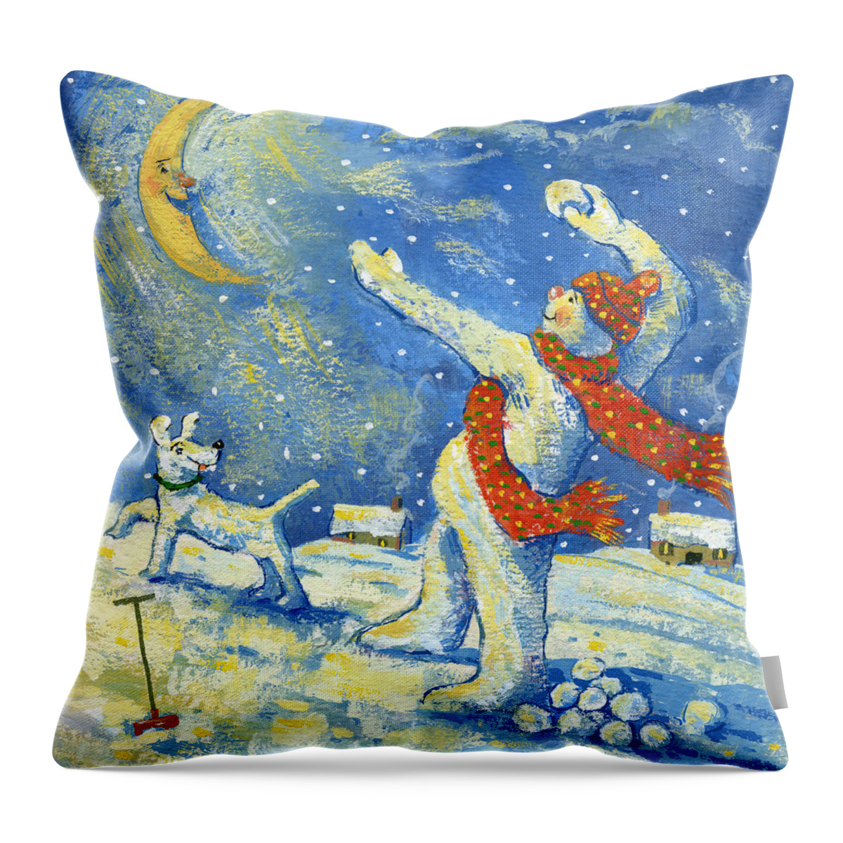 Snowman; Moon; Snow; Dog; Pet; Snowballs; Snowball Fight; Spade; Scarf; House; Entertainment; Christmas; Snowing Throw Pillow featuring the painting Midnight fun and games by David Cooke