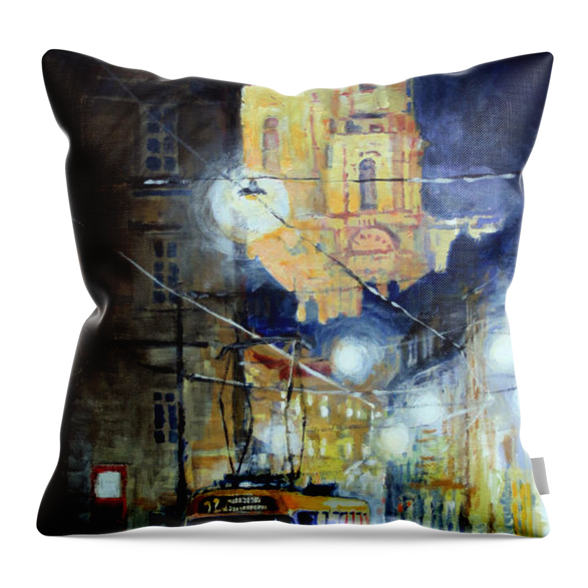 Acrylic On Canvas Throw Pillow featuring the painting Midnight Tram Prague Karmelitska str by Yuriy Shevchuk