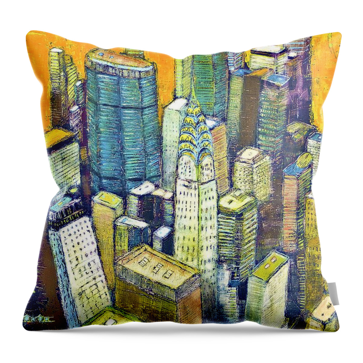 Abstract Orange Painting Throw Pillow featuring the painting Midtown manhattan with Chrysler building by Habib Ayat