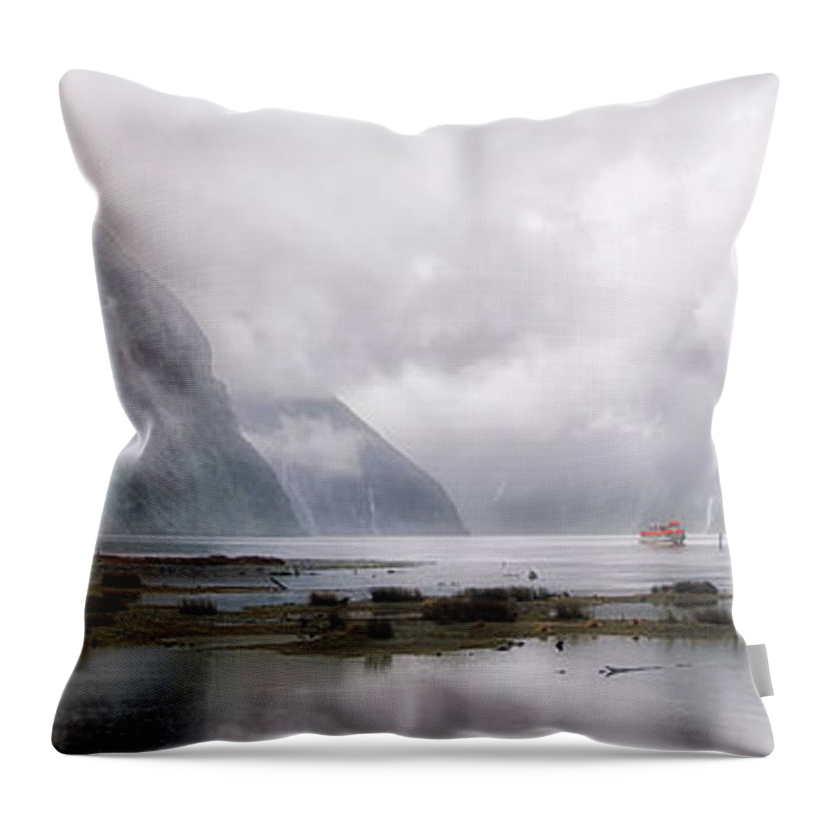 Tranquility Throw Pillow featuring the photograph Milford Sound In Mist Panorama by Dan Goodwin