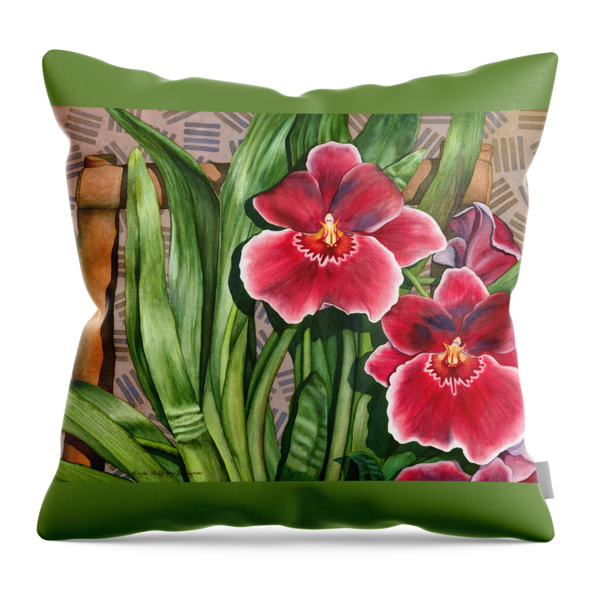 Flower Throw Pillow featuring the painting Miltonia Orchids by Lynda Hoffman-Snodgrass
