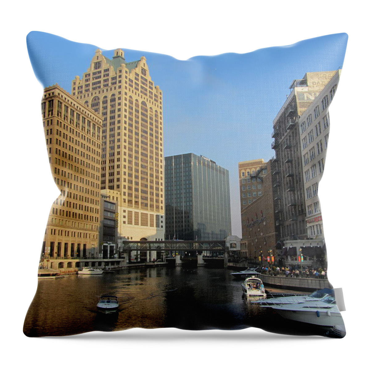 Milwaukee Throw Pillow featuring the photograph Milwaukee River Theater District 2 by Anita Burgermeister