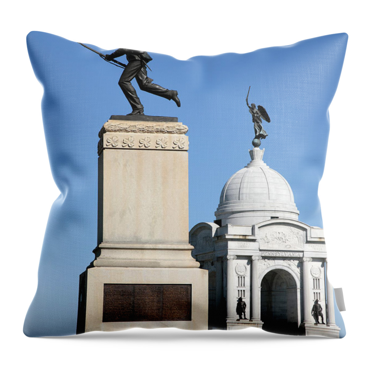Battle Throw Pillow featuring the photograph Minnesota and Pennsylvania Monuments at Gettysburg by William Kuta