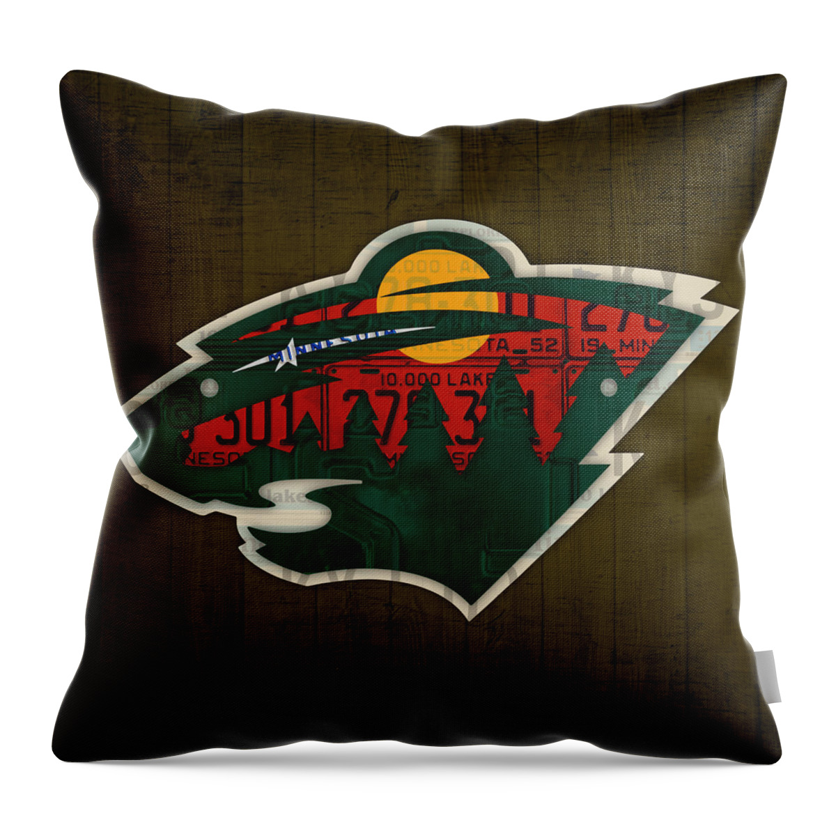 Minnesota Throw Pillow featuring the mixed media Minnesota Wild Retro Hockey Team Logo Recycled Land of 10000 Lakes License Plate Art by Design Turnpike