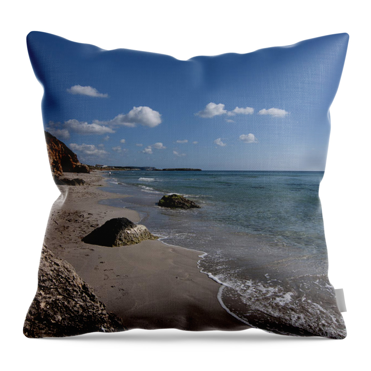 Peace Throw Pillow featuring the photograph BInigaus beach in south coast of Minorca with a turquoise crystalline water - Paradise in blue by Pedro Cardona Llambias
