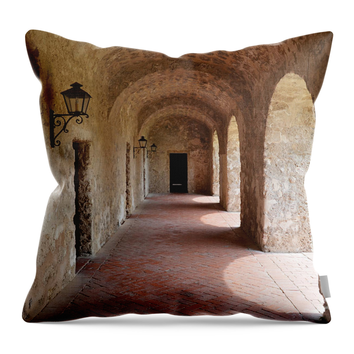 San Antonio Throw Pillow featuring the photograph Mission Concepcion Promenade Walkway in San Antonio Missions National Historical Park Texas by Shawn O'Brien