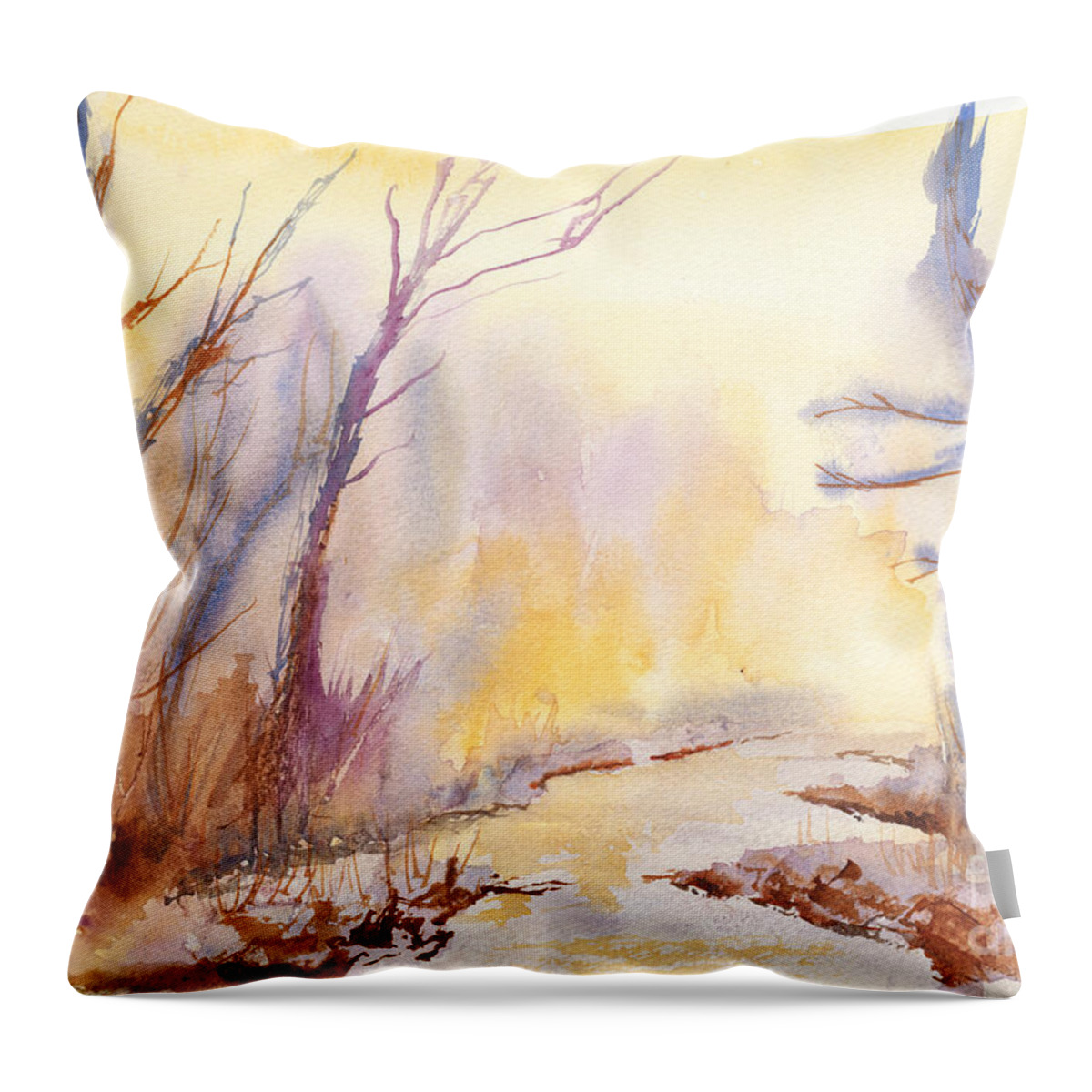 Watercolor Painting Throw Pillow featuring the painting Misty Creek by Walt Brodis