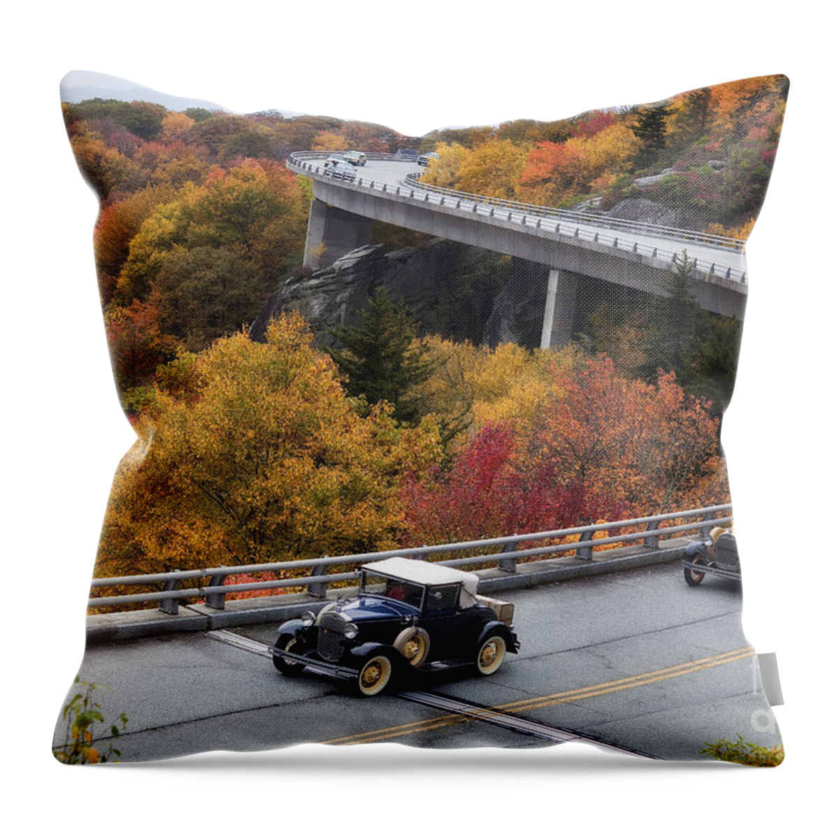 Linn Cove Viaduct Throw Pillow featuring the photograph Model A Cars on the Parkway by Jill Lang