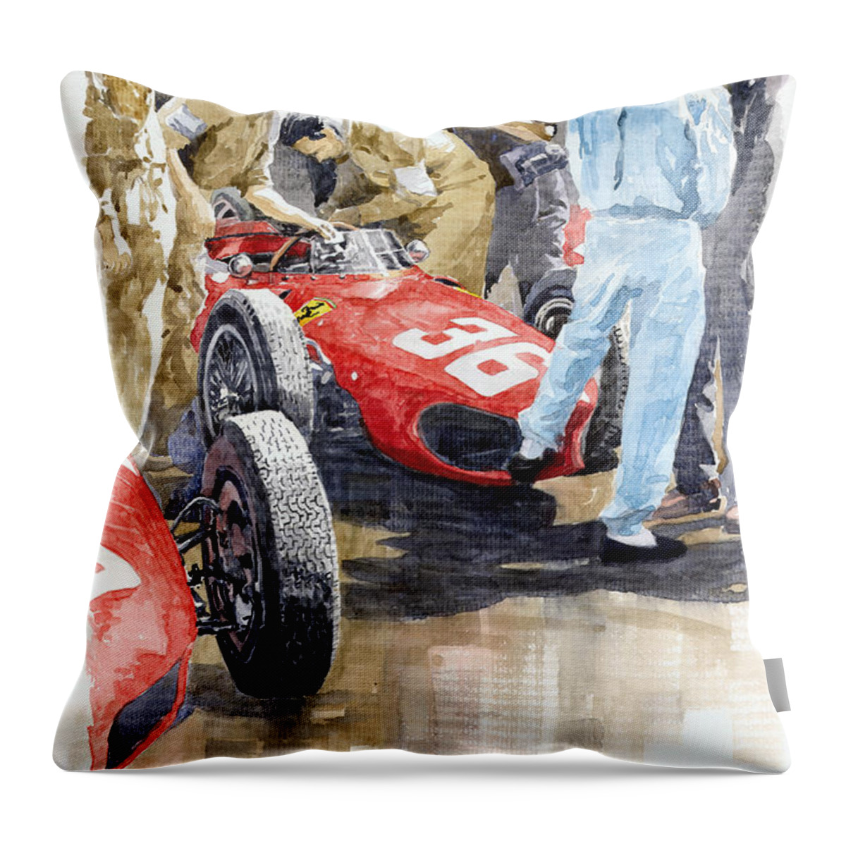 Watercolor Throw Pillow featuring the painting Monaco GP 1961 Ferrari 156 Sharknose Richie Ginther by Yuriy Shevchuk